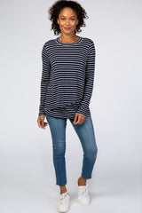 Navy Blue Striped Layered Front Long Sleeve Nursing Top