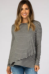 Charcoal Striped Layered Front Long Sleeve Maternity/Nursing Top