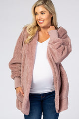 Mauve Fuzzy Hooded Long Sleeve Maternity Jacket