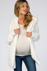 Ivory Fuzzy Hooded Long Sleeve Maternity Jacket