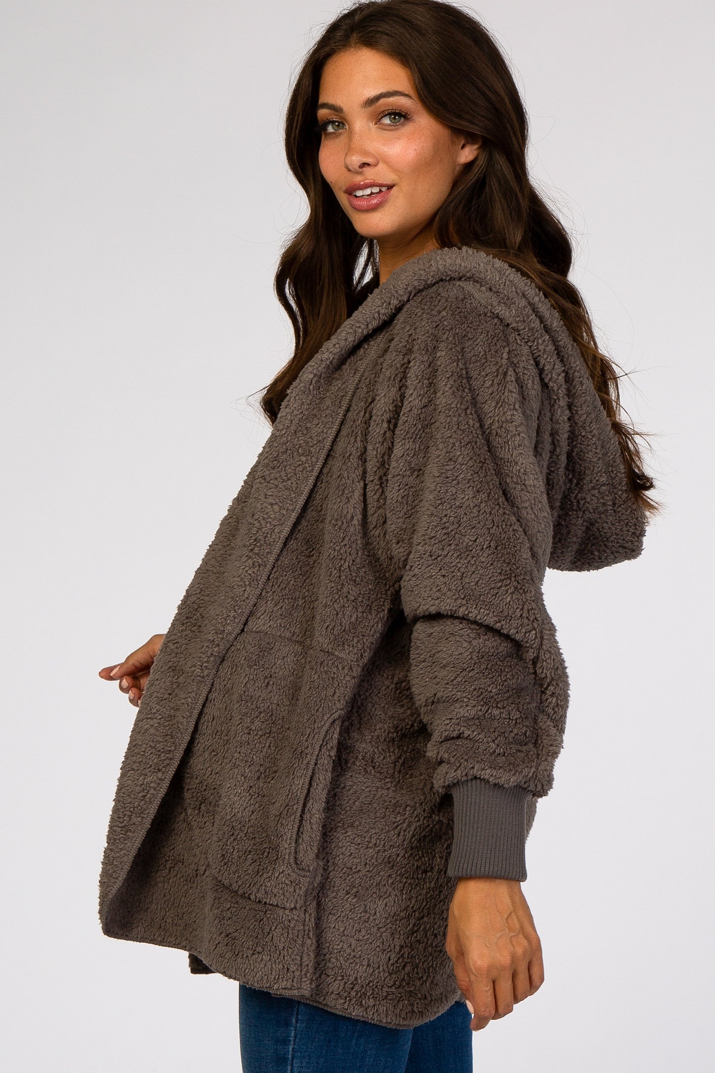 Charcoal Fuzzy Hooded Long Sleeve Maternity Jacket– PinkBlush