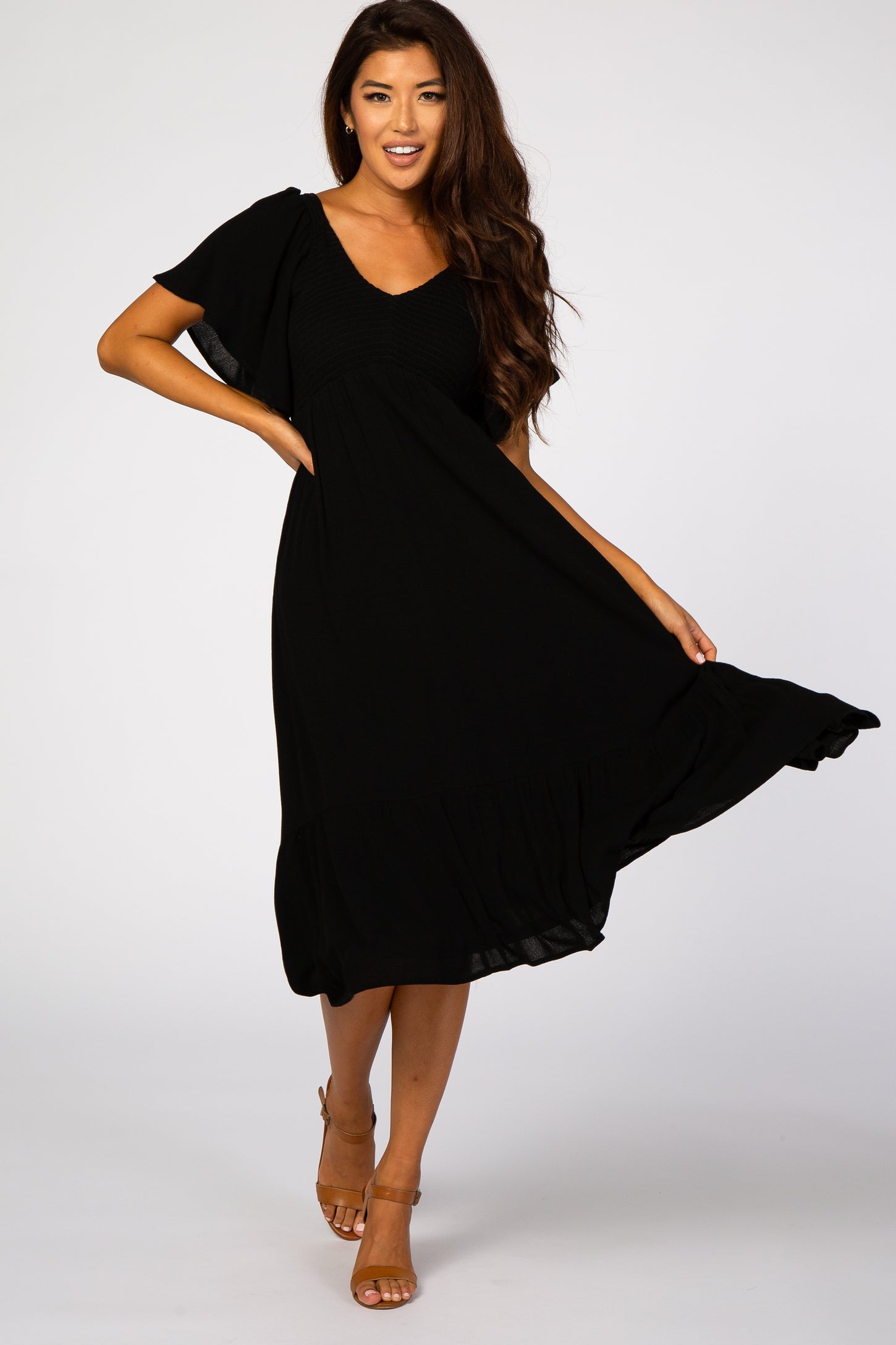 Black Smocked Ruffle Maternity Dress