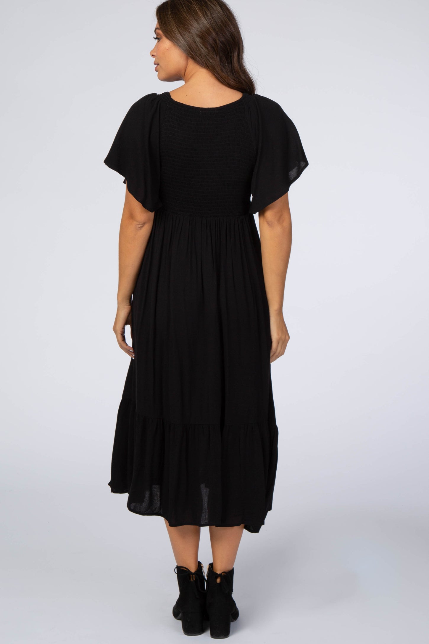 Black Smocked Ruffle Maternity Dress