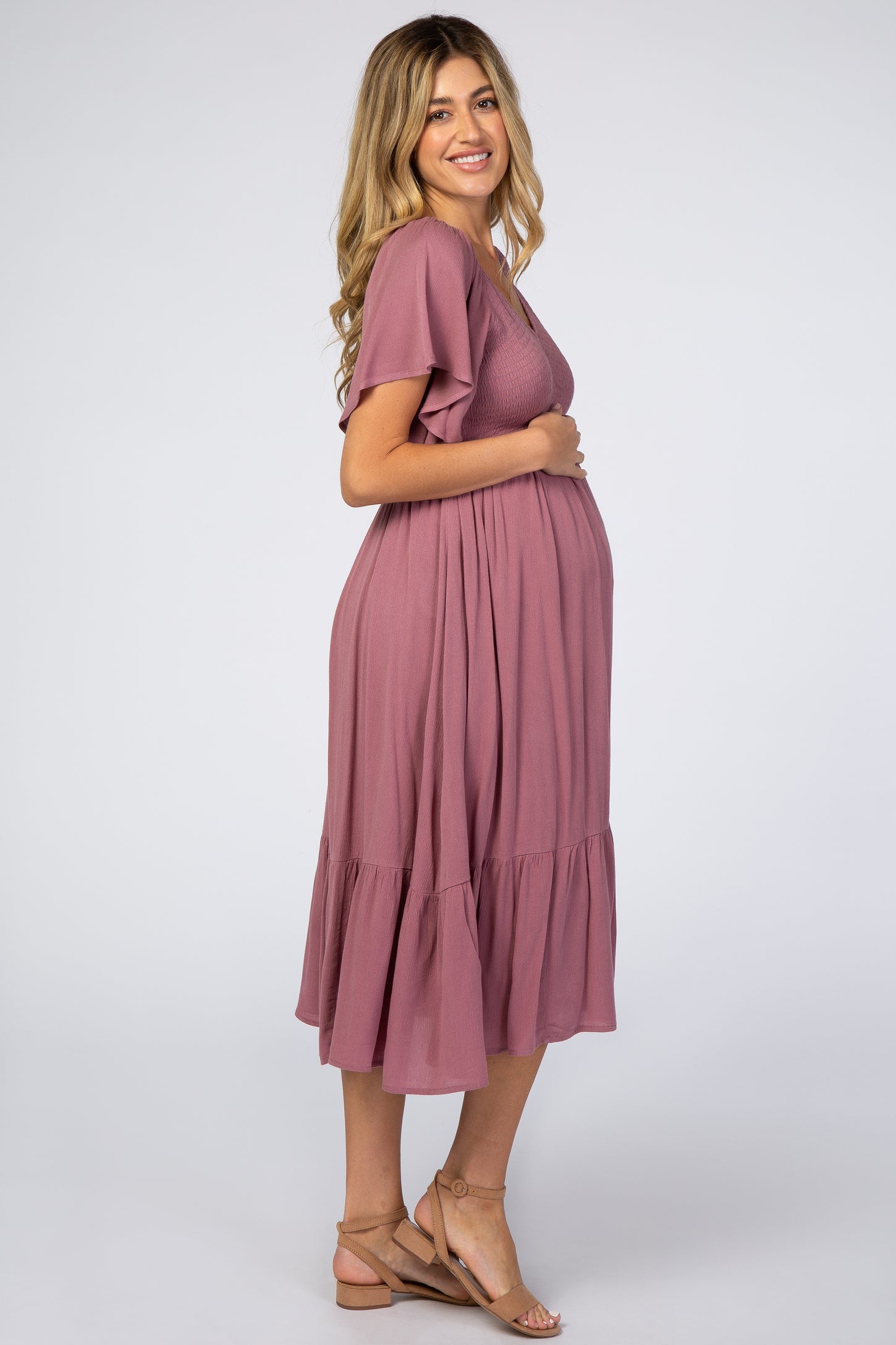 Mauve Smocked Ruffle Maternity Dress– PinkBlush