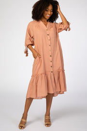 Pink Linen Button Front Ruffled Hem Midi Dress