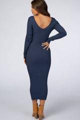 Blue V-Neck Long Sleeve Fitted Maternity Maxi Dress