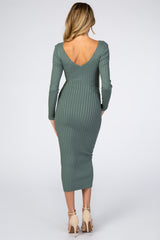 Olive V-Neck Long Sleeve Fitted Maternity Maxi Dress