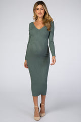 Olive V-Neck Long Sleeve Fitted Maternity Maxi Dress