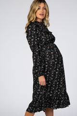 Black Floral Ruffle Long Sleeve Maternity Midi Dress