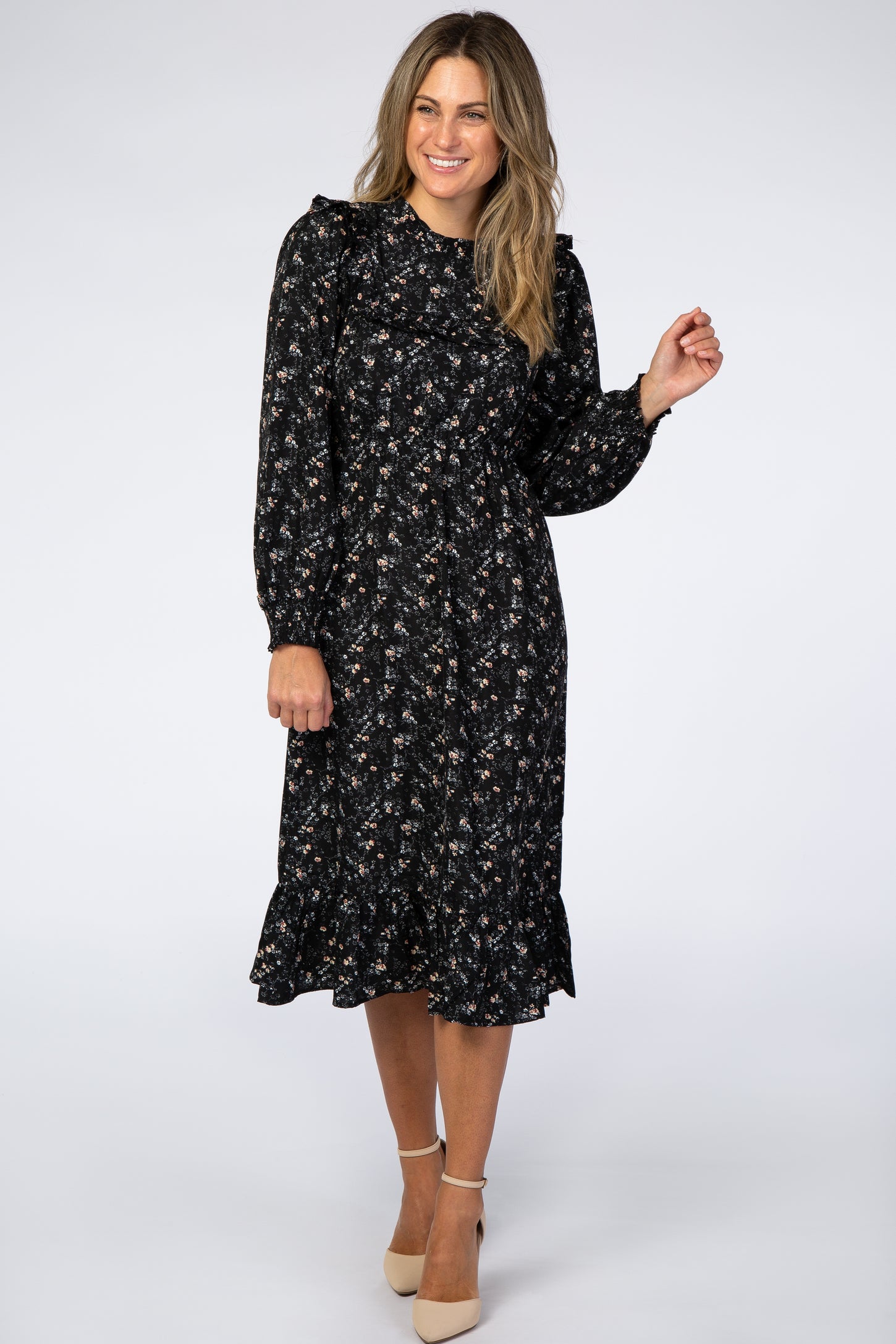Black Floral Ruffle Long Sleeve Midi Dress– PinkBlush