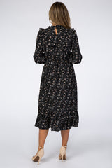 Black Floral Ruffle Long Sleeve Midi Dress