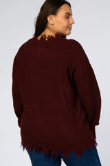 Burgundy Fringe Hem V-Neck Plus Sweater