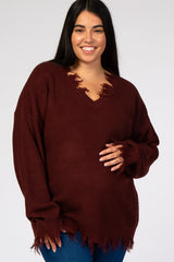 Burgundy Fringe Hem V-Neck Maternity Plus Sweater
