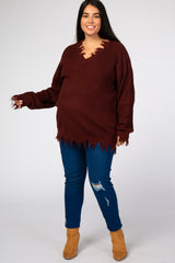 Burgundy Fringe Hem V-Neck Maternity Plus Sweater