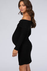Black Soft Ribbed Folded Neck Off Shoulder Maternity Dress
