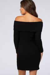 Black Soft Ribbed Folded Neck Off Shoulder Maternity Dress