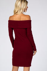 Burgundy Soft Ribbed Folded Neck Off Shoulder Dress