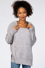 Heather Grey Chenille V-Neck Hooded Sweater