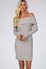 Heather Grey Soft Ribbed Folded Neck Off Shoulder Maternity Dress