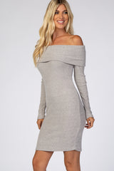 Heather Grey Soft Ribbed Folded Neck Off Shoulder Dress