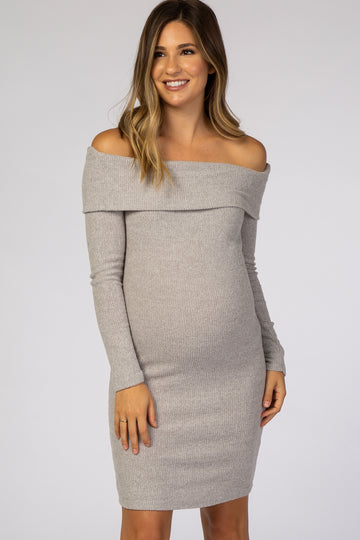 Heather Grey Soft Ribbed Folded Neck Off Shoulder Maternity Dress