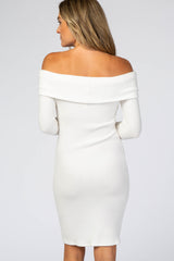 Ivory Soft Ribbed Folded Neck Off Shoulder Dress