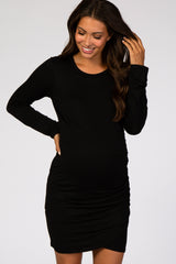Black Long Sleeve Wrap Hem Fitted Maternity Dress
