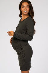 Forest Green Long Sleeve Wrap Hem Fitted Maternity Dress
