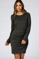 Forest Green Long Sleeve Wrap Hem Fitted Dress