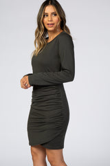 Forest Green Long Sleeve Wrap Hem Fitted Dress