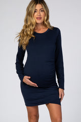 Navy Blue Long Sleeve Wrap Hem Fitted Maternity Dress