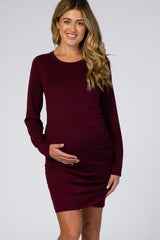Burgundy Long Sleeve Wrap Hem Fitted Maternity Dress