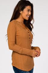 Camel Button V-Neck Long Sleeve Top