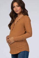 Camel Button V-Neck Long Sleeve Maternity Top