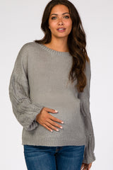 Heather Grey Cable Knit Puff Sleeve Maternity Sweater
