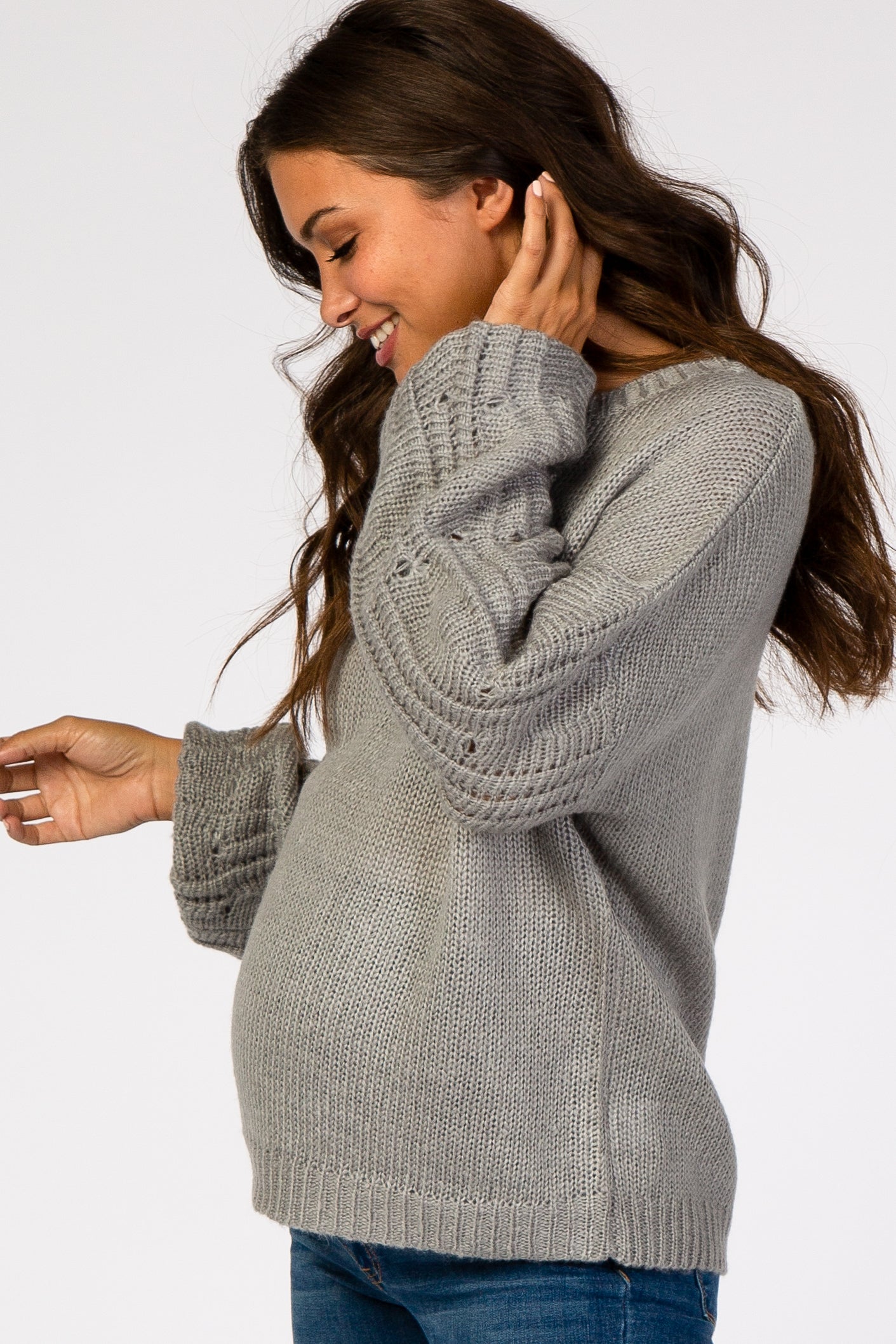 Heather Grey Cable Knit Puff Sleeve Maternity Sweater
