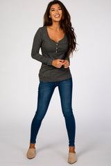 Charcoal Ribbed Button Front Top