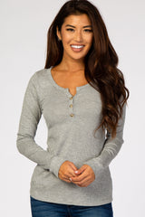 Heather Grey Ribbed Button Front Top