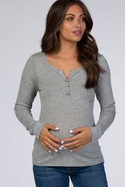 Heather Grey Ribbed Button Front Maternity Top