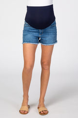 Blue Fringe Hem Maternity Denim Shorts