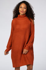Rust Cold Shoulder Turtleneck Sweater Dress