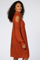 Rust Cold Shoulder Turtleneck Sweater Dress