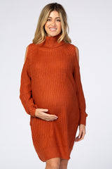 Rust Cold Shoulder Turtleneck Maternity Sweater Dress