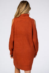 Rust Cold Shoulder Turtleneck Maternity Sweater Dress