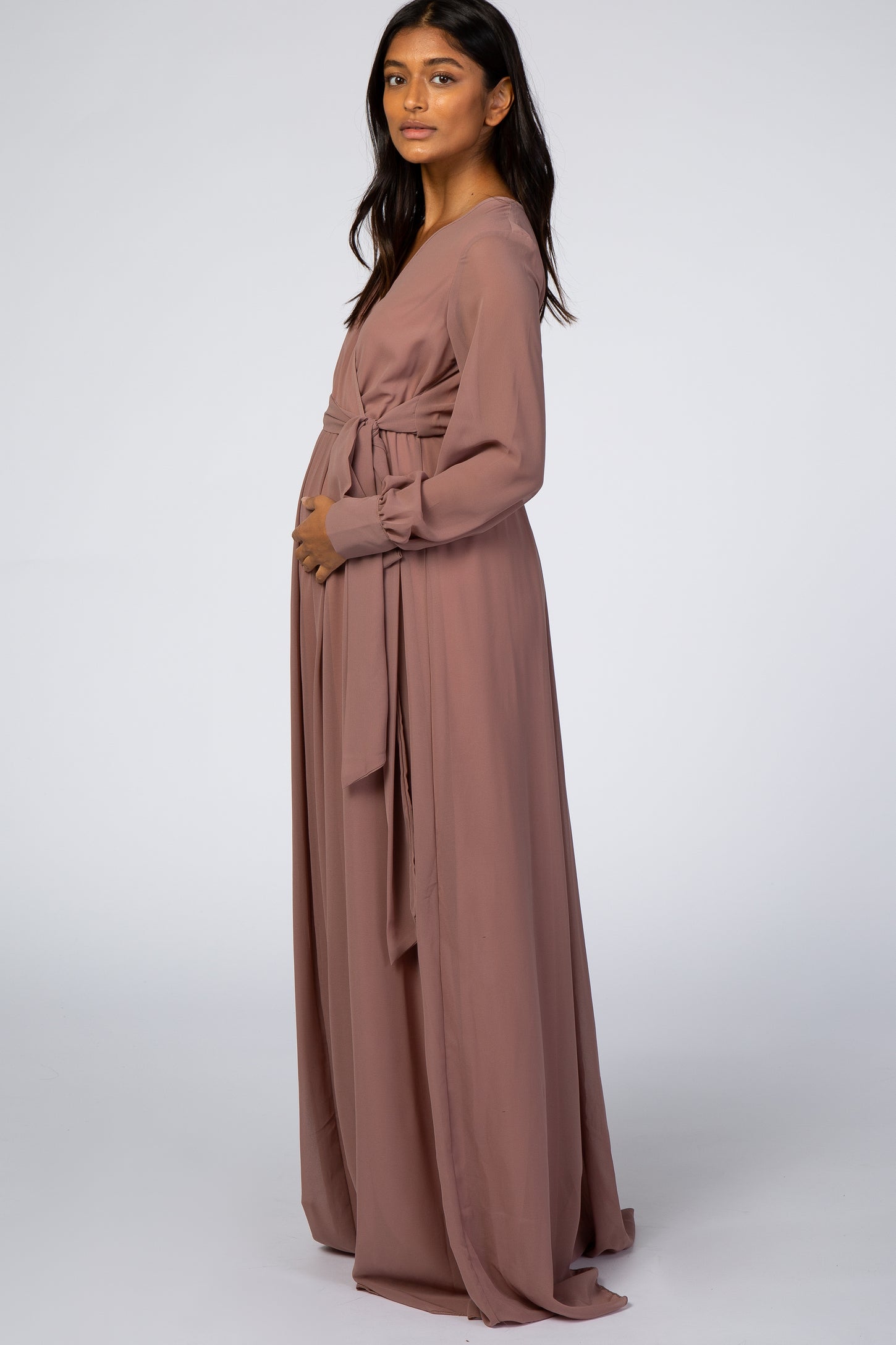 Mauve Chiffon Long Sleeve Maternity Maxi Dress