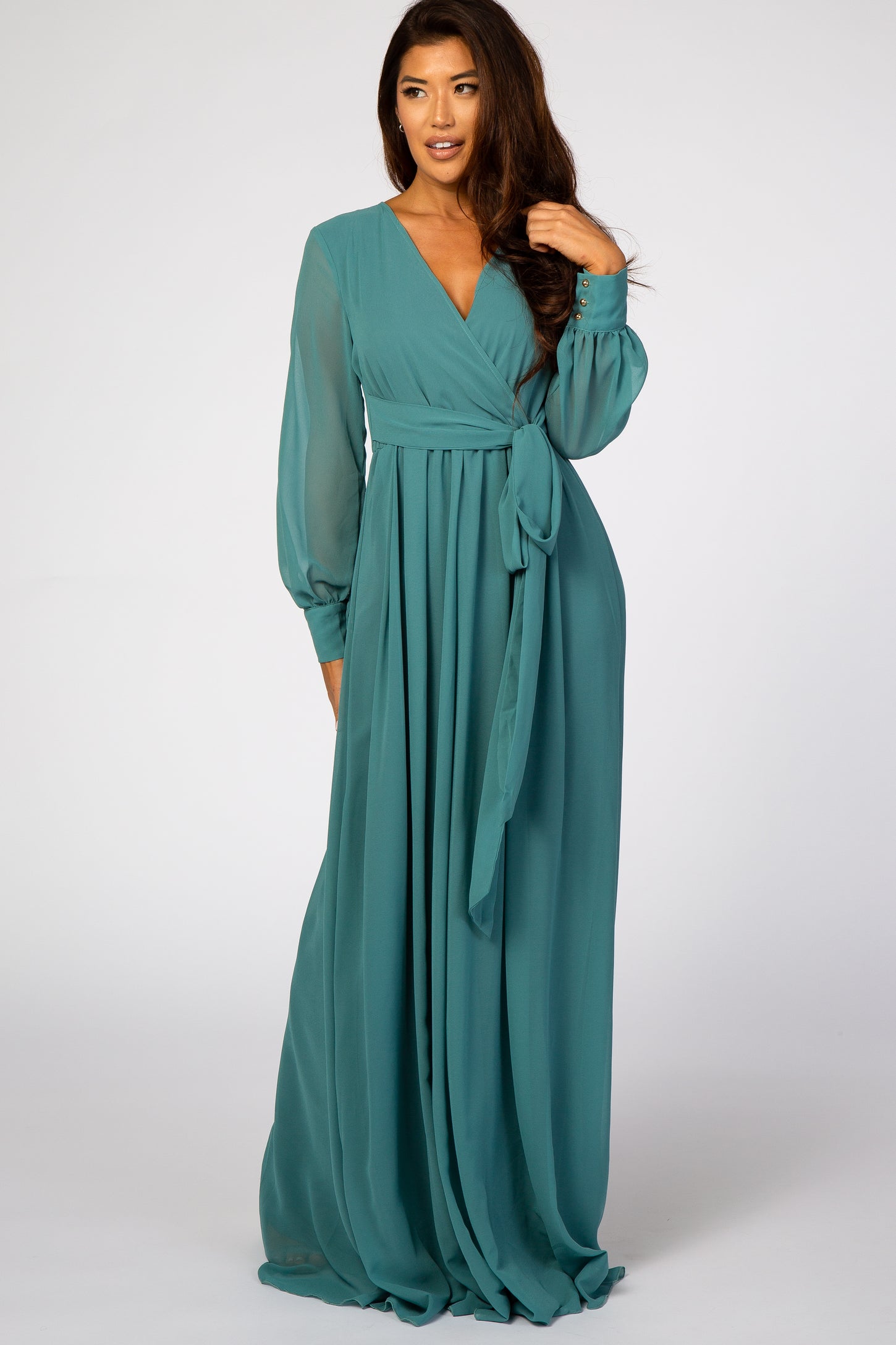 Jade Chiffon Long Sleeve Maxi Dress