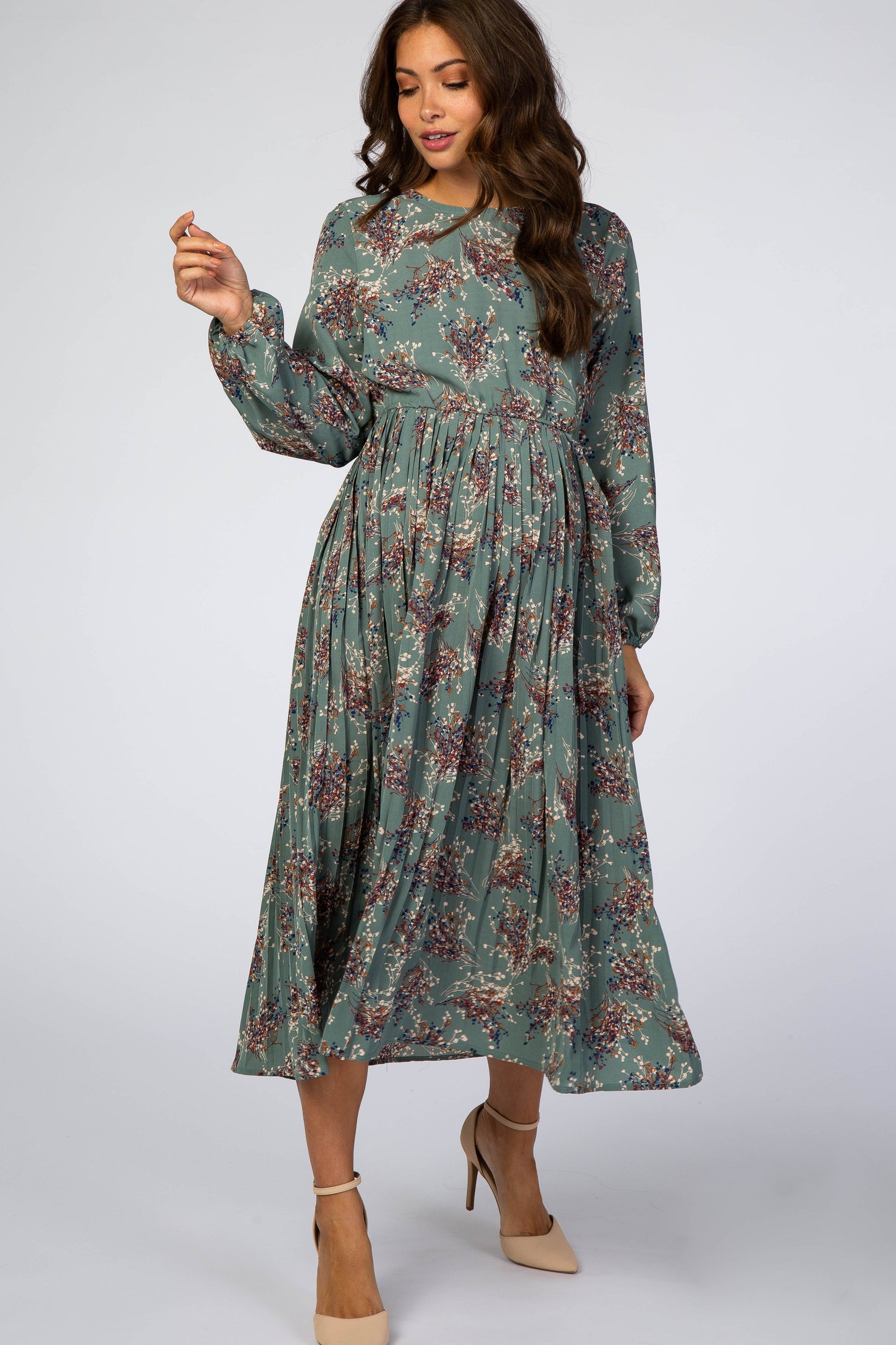 Jade Floral Pleated Skirt Maternity Midi Dress– PinkBlush