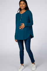 Teal Button Accent Long Sleeve Maternity Top