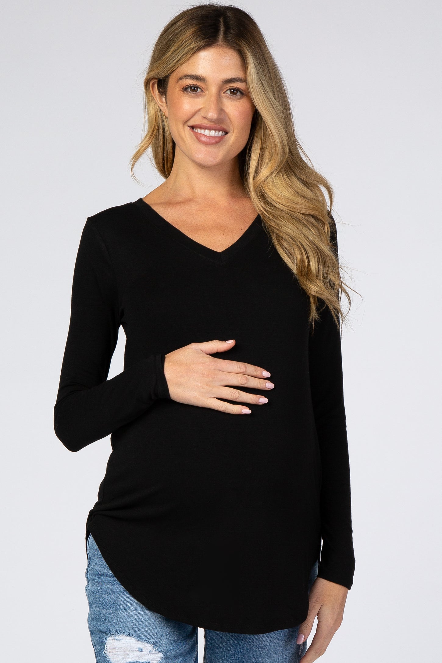Black Solid V-Neck Long Sleeve Maternity To– PinkBlush