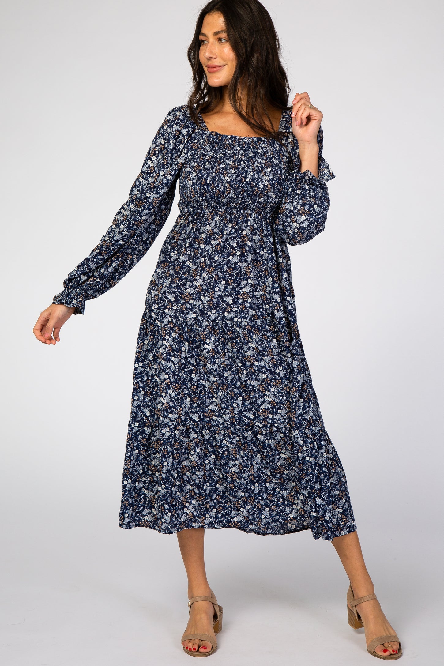 Navy Blue Floral Square Neck Smocked Maternity Maxi Dress